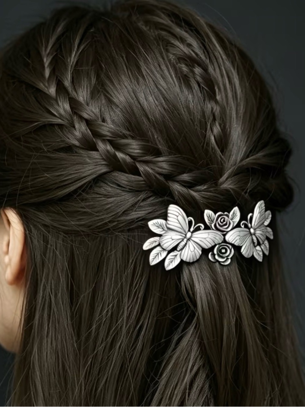 Silver Butterfly & Rose Hair Barrette - Picture 2 of 4